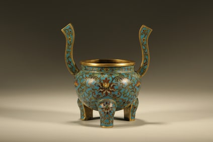 Bronze Cloisonne Carved Flower Pattern Double Ears Incense Burner