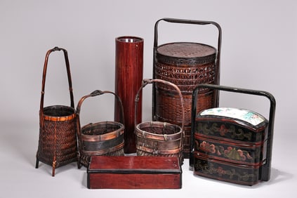 Group Of Seven Asian Lacquered And Woven Boxes