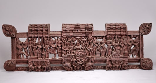 Ganesh Lakshmi Saraswathi Statue Wooden Carving Wall Panel