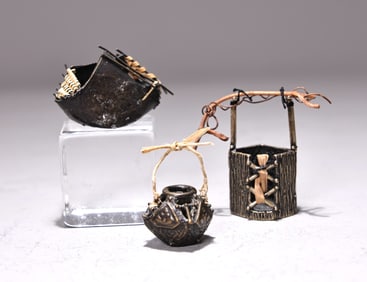 Suzye Ogawa Art 3 Of Crafts Bronze Miniature Basket Weaving And Knotting
