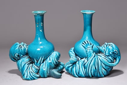 Pair of Turquoise Glaze Porcelain Man with Vase