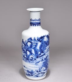 Blue and White Character with Landscape Pattern Porcelain Vase