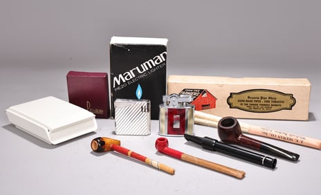 Collection Of Vintage Tobacco Smoking Pipes And Lighters