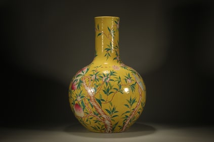 Yellow Base Famille Rose Peach and Bird Pattern Porcelain Tianqiu Vase