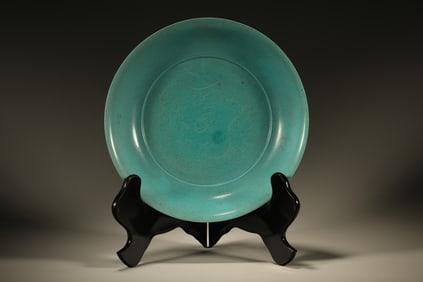 Turquoise Green Glazed Carved Dragon Pattern Porcelain Plate