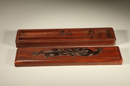 Huanghuali Wood Inlaid Red Sandalwood Carved Dragon Pattern Lid Box