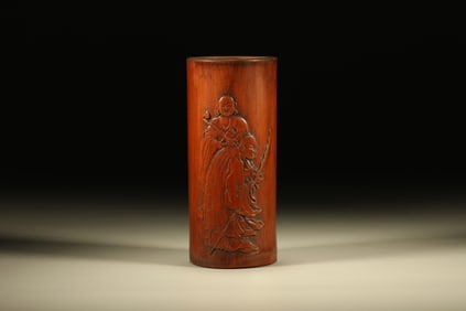Bamboo Carved Arhat Pattern Brush Pot