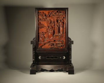 Red Sandalwood Inlaid Boxwood Carved Character Story Pattern Table Plaque