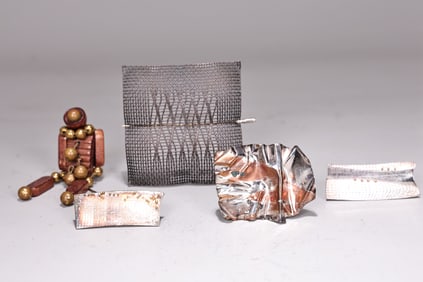 Modernist Art Crafted Metal Brooch And Miriam Haskell Wood Figural Brooch