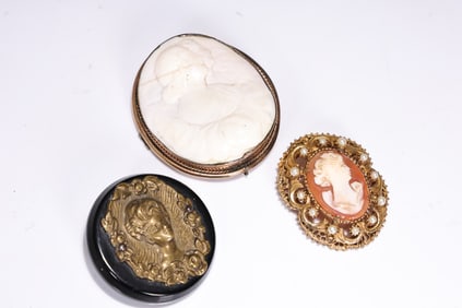 Three Of Mixed Material Cameo Brooch And Button