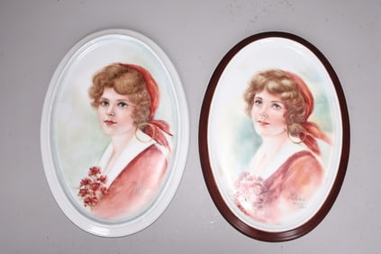 Pair Of Beautiful Lady Portrait Painted Porcelain Miniature c1982