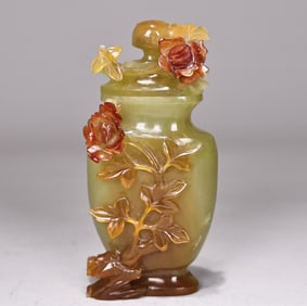 Chinese Agate Carved Flower Lid Vase