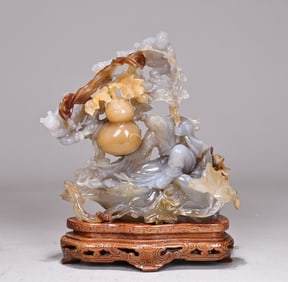 Chinese Agate Carved Elder, Child & Gourd Figure