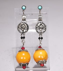 Pair of Tibetan White Copper Orange Bead Earring