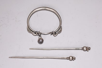 Group of Chinese Silver Hairpin & Bangle