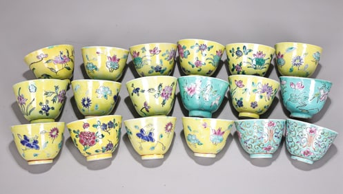18 Of Chinese Porcelain Floral Yellow Turquoise Painted Teacups