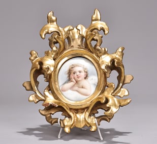 Baby Portrait Painted Miniature Carved Wood Gold Gilt Frame