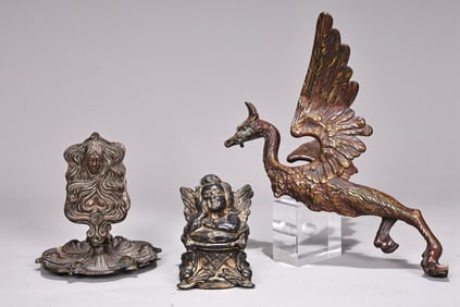 Art Nouveau Bronze Match Holder, Angel Inkwell, Bird Signed