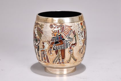 Miguel Pineda Enamel Silverplate Aztec Bowl