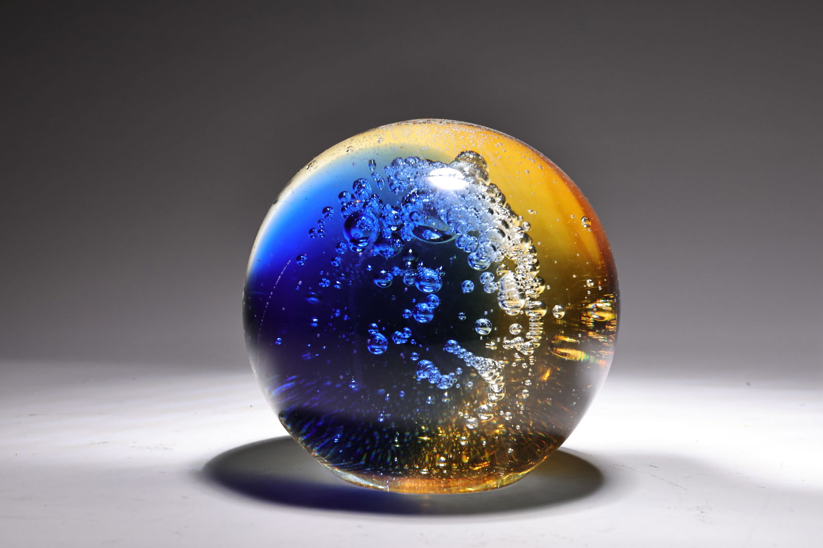 Murano Blue & Amber Controlled Bubble Art Glass Paperweight By Galaxy D'Arte