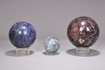 Three Spheres In Natural Stone, Lepidolite, Rainbow Fluorite