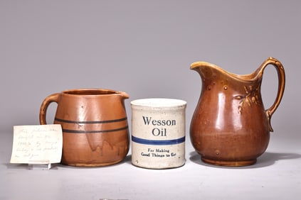 Vintage Brown Glaze Pottery Pitcher And Wesson Oil Crock Stoneware Jar