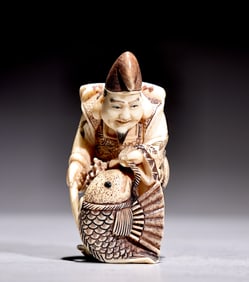 Japanese Bone Carved Figurine Okimono Of Ebisu Netsuke