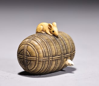 Japanese Bone Carved Two Mice With Rice Bale Netsuke