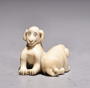 Japanese Bone Carved Two Doges Netsuke
