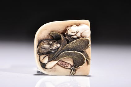 Japanese Bone Carved Two Mice Eating Vegetable Netsuke