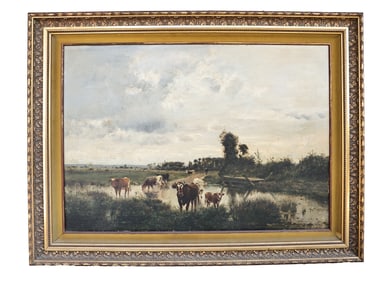 Vintage French Oil On Canvas Painting Landscape Cows By Victor Binet