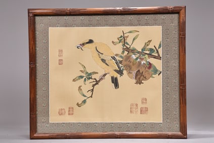 Chinese Painting On Silk Screen Bird On Pomegranate Branch