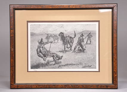 Teaching A Mustang Pony to Pack Dead Game By Frederic Remington: Teaching A Mustang Pony to Pack Dead Game By Frederic Remington (55 x 43 x 2.5 cm Including frame)