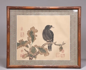 Chinese Silk Screen Raven On Perch Painting