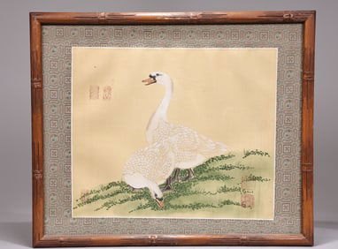 Chinese Painting On Silk Screen White Geese