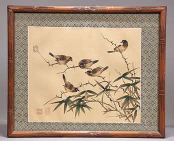 Chinese Painting On Silk Screen Birds Socializing In Bamboo