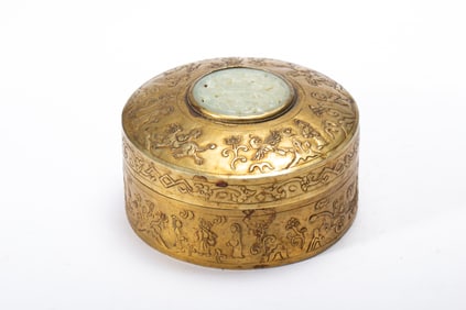 Gilt Bronze Inlaid Jade Carved Character Story and Beast Pattern Lid Box