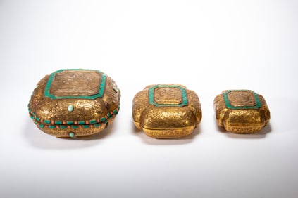 Group of Three Gilt Bronze Carved Flower and Buddha Pattern Lid Box