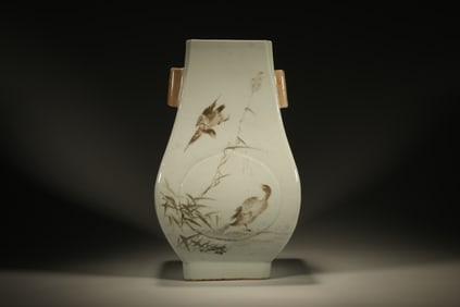Ink Colored Flower and Bird & Poetry Pattern Porcelain Double Ears Zun