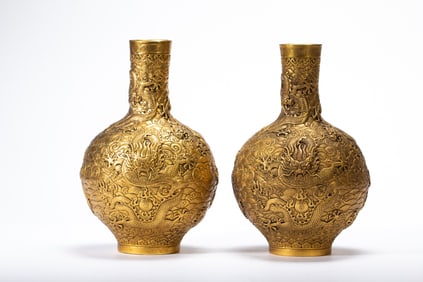 Pair of Gilt Bronze Carved Dragon Pattern Vase