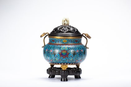 Bronze Cloisonne Carved Flower Pattern Double Ears Incense Burner
