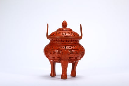 Lacquerware Red Carved Beast Face Pattern Double Ears Incense Burner