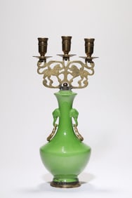 Green Glazed Porcelain Vase with Bronze Candle Stick