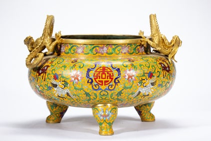 Bronze Cloisonne Carved Flower Pattern Double Dragon Ears Incense Burner
