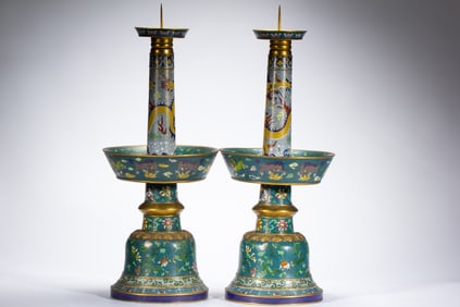 Pair of Bronze Cloisonne Carved Flower and Beast Pattern Candlestick
