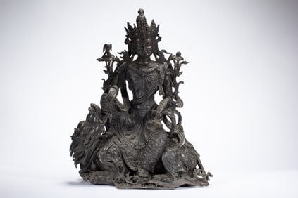 Bronze Carved GuanYin and Beast Figure