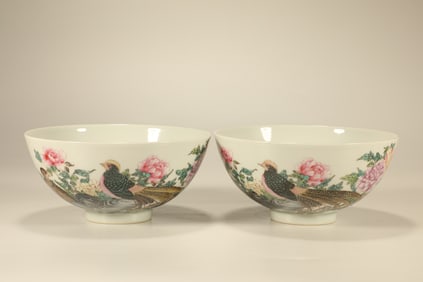 Pair of Famille Rose Flower and Bird Pattern Porcelain Bowl