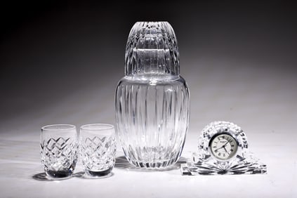 Waterford Lismore Shots Cups, Clock And Peerage Bedside Crystal Decanter Set