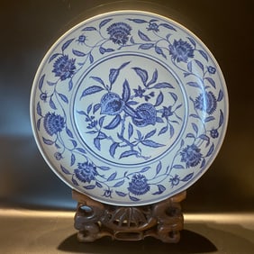 Large Chinese Blue and White Peach Pattern Porcelain Plate