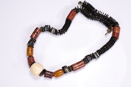 African Large Coral Amber Tegument Beads Black Ashanti Bone Necklace